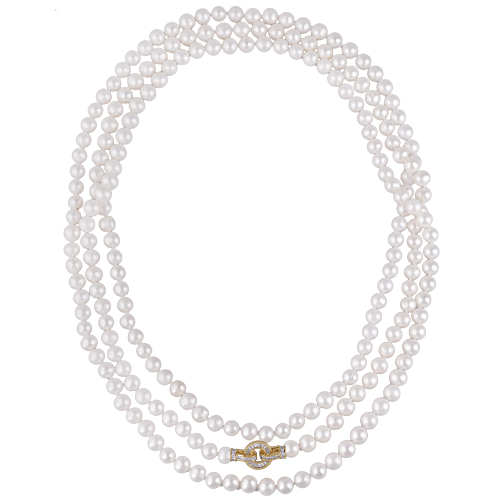 Колье (жемчуг белый 8-9мм, цирконы; покрытие золото) 200см