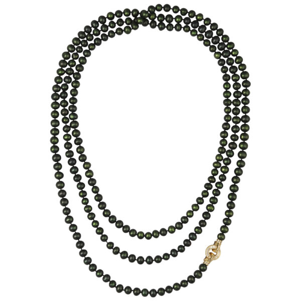 Колье (жемчуг зеленый 8-9мм, фианит; покрытие золото) 200см