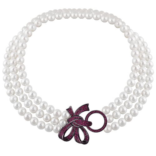 Колье (Майорка белая 8мм, фианит фуксия; покрытие черный родий) 42см