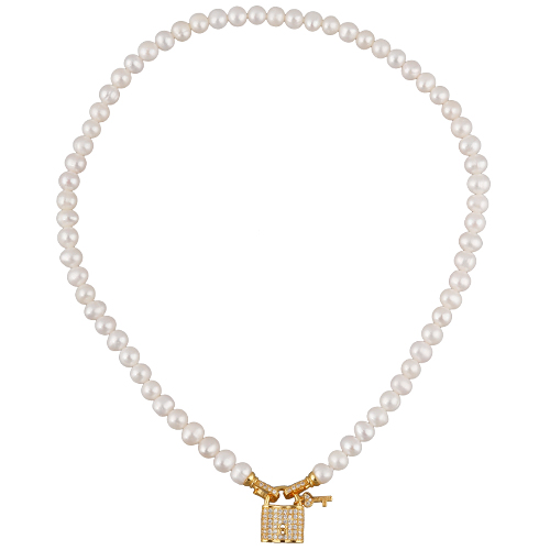 Колье (жемчуг белый 8мм, белый фианит; покрытие золото) 45см