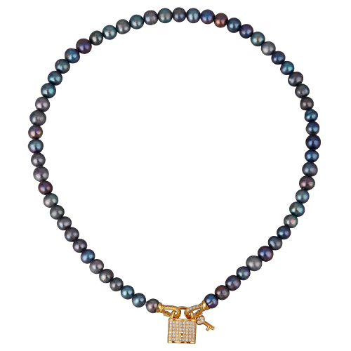 Купить колье 45см (жемчуг сине-фиолетовый 8мм, цирконы белые; покрытие золото) - Uvelina