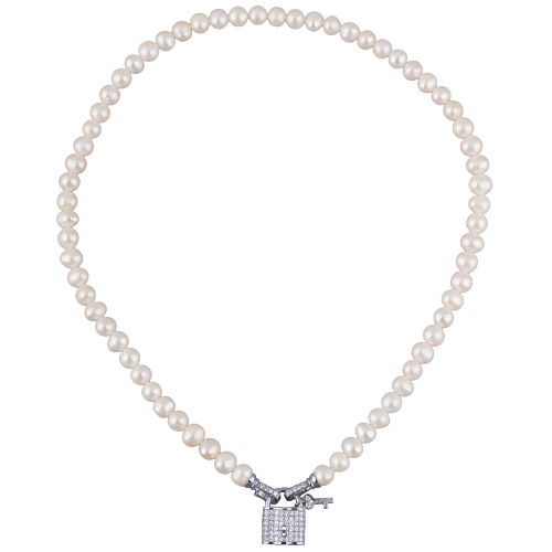 Колье (жемчуг белый 8мм, белый фианит; покрытие родий) 45см