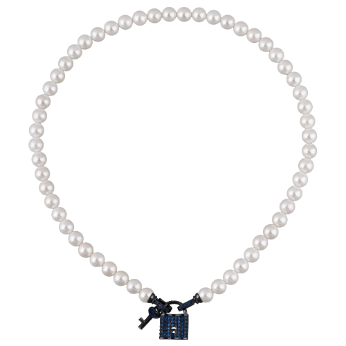 Колье (Майорка белая 8мм, фианит синий; покрытие черный родий) 45см