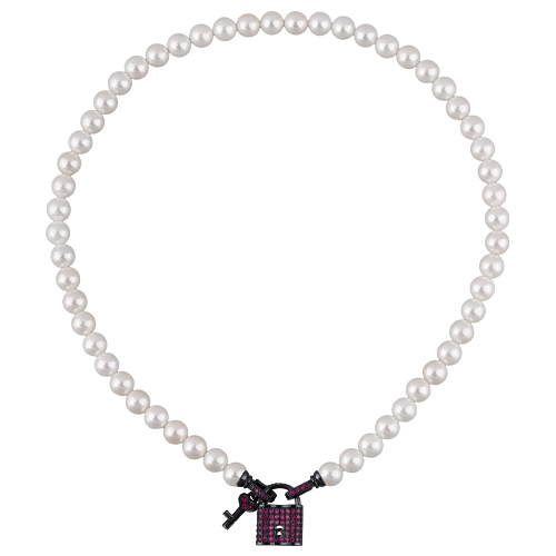 Колье (Майорка белая 8мм, фианит фуксия; покрытие черный родий) 45см