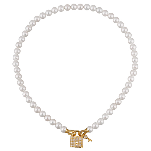 Колье (Майорка белая 8мм, белый фианит; покрытие золото) 45см