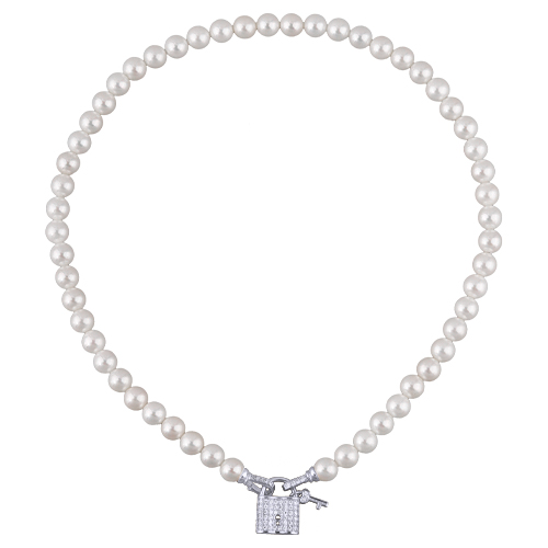 Колье (Майорка белая 8мм, белый фианит; покрытие родий) 45см