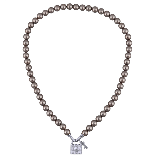 Колье (Майорка темно-серая 8мм, белый фианит; покрытие родий) 45см