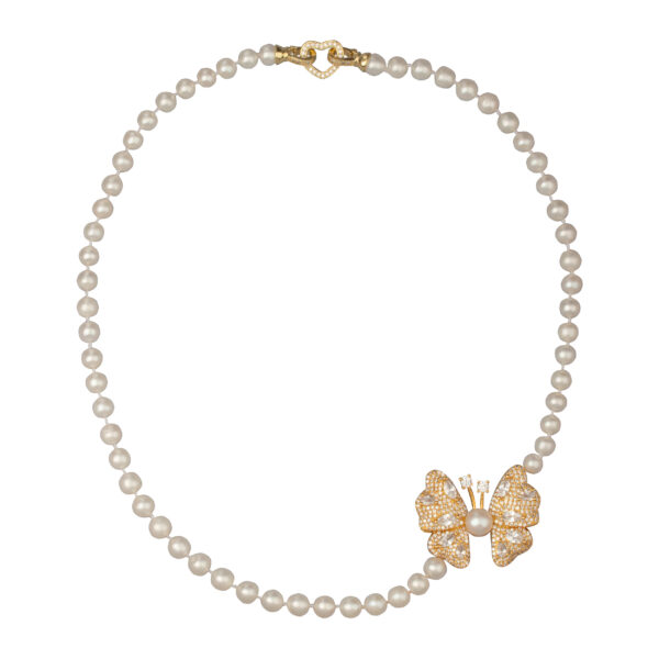 Колье (жемчуг белый 7мм, белый фианит; покрытие золото) 48см