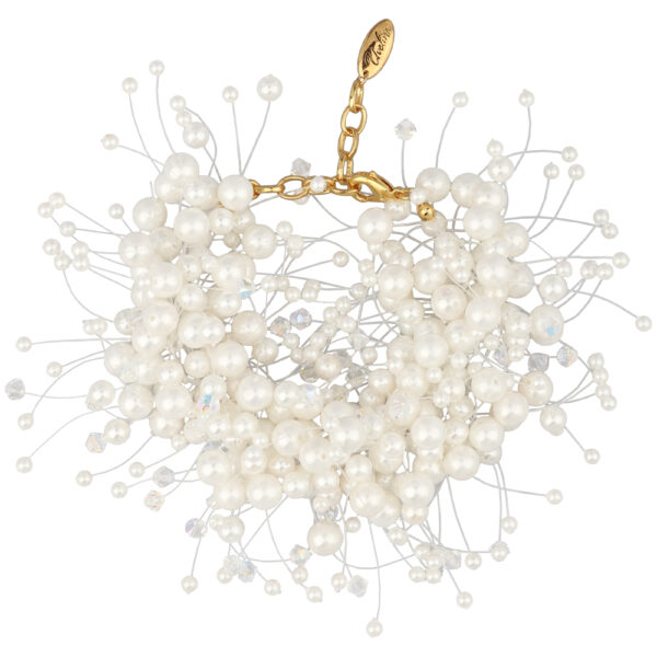 Браслет Грозди (Майорка белая 3-7мм, SW белые; покрытие золото) 17-22см