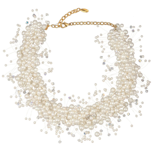 Колье Грозди (Майорка белая 3-7мм, SW белые; покрытие золото) 45-52см