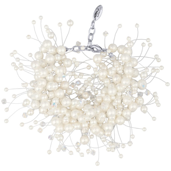 Браслет Грозди (Майорка белая 3-7мм, SW белые; покрытие родий) 17-22см