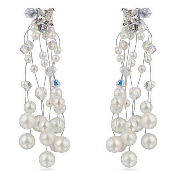 Серьги Грозди (Майорка белая 3-7мм, SW белые хамелеон; покрытие родий)