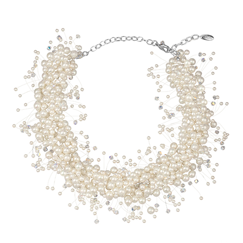 Колье Грозди (Майорка белая 3-7мм, SW белые; покрытие родий) 45-52см