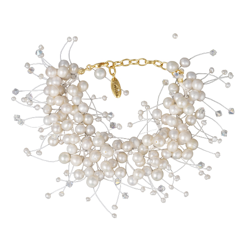 Браслет Грозди (жемчуг белый 3-7мм, SW белые хамелеон; золото) 17-22см