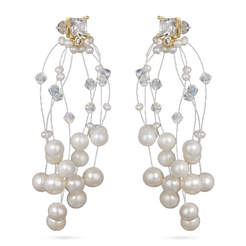 Серьги Грозди (жемчуг белый 3-7мм, SW белые хамелеон; покрытие золото)