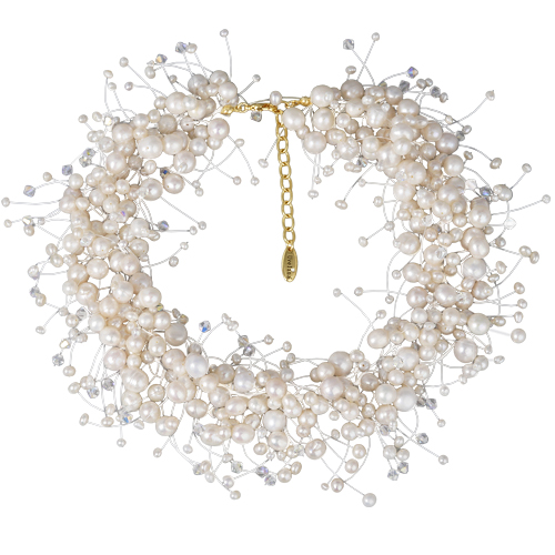 Колье Грозди (жемчуг белый 3-7мм, SW белые хамелеон; покрытие золото) 37-42см