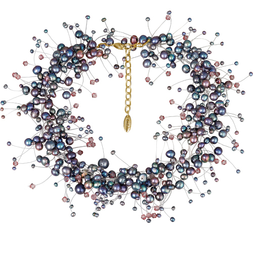 Колье Грозди (жемчуг бензиновый 3-7мм, SW аметист; золото) 36-41см