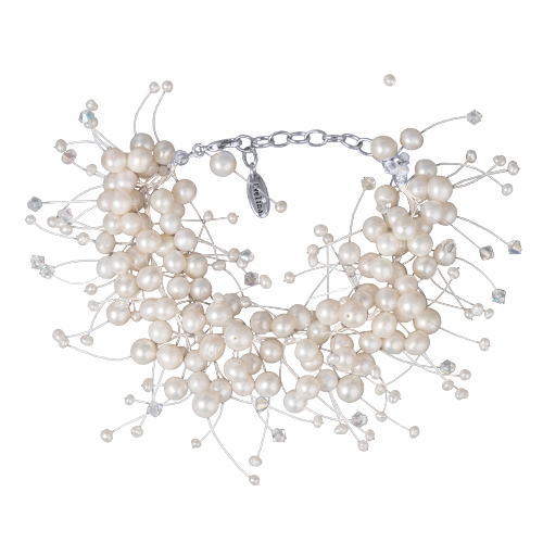 Браслет Грозди (жемчуг белый 3-7мм, SW белые хамелеон; родий) 17-22см