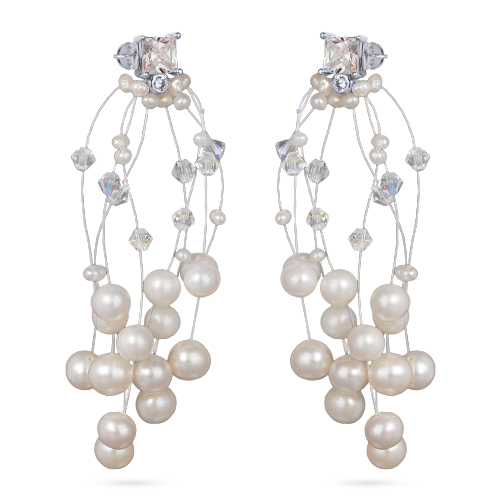 Серьги Грозди (жемчуг белый 3-7мм, SW белые хамелеон; покрытие родий)