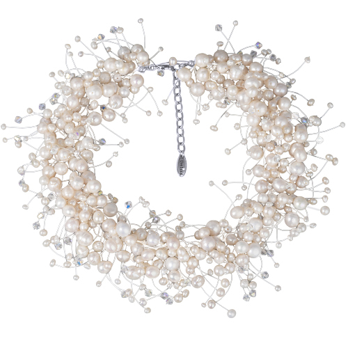 Колье Грозди (жемчуг белый 3-7мм, SW белые хамелеон; покрытие родий) 37-42см