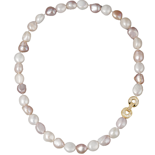 Колье (жемчуг белый, розовый 9мм, белый фианит; покрытие золото) 40см