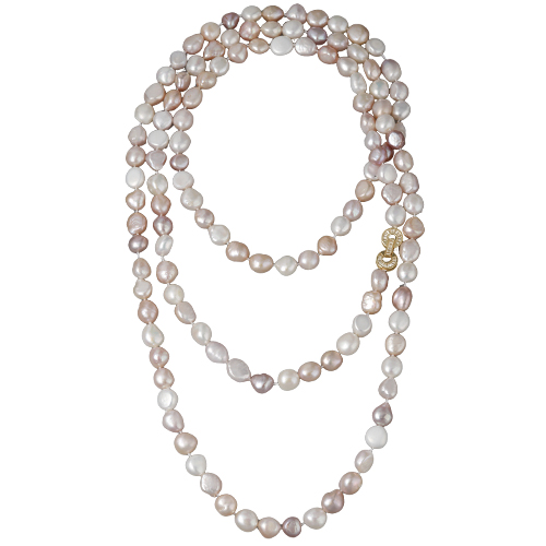 Колье (жемчуг белый, розовый 9мм, белый фианит; покрытие золото) 140см