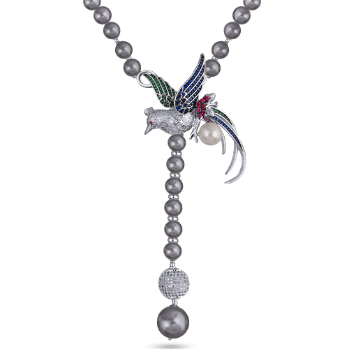 Колье Лира (Майорка темно-серая 8-12мм, фианит микс; покрытие родий) 75см