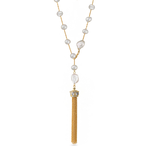 Колье (жемчуг белый 6мм, белый фианит; покрытие золото) 73см