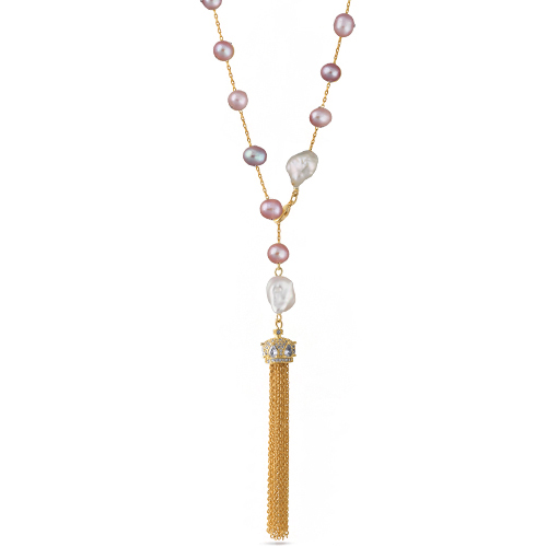 Колье (жемчуг белый, розовый 6мм, белый фианит; покрытие золото) 73см