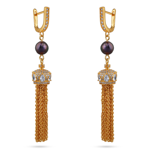 Серьги (жемчуг бензиновый 6мм, белый фианит; покрытие золото)