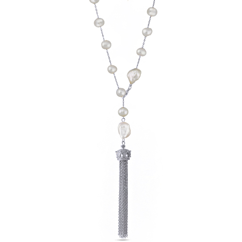 Колье (жемчуг белый 6мм, белый фианит; покрытие родий) 73см