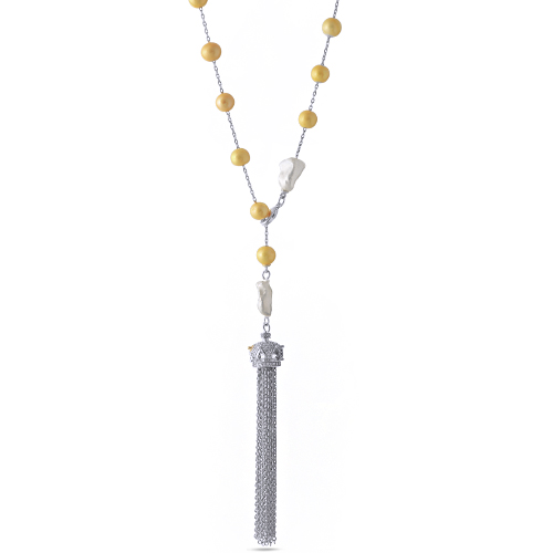 Колье (Майорка желтая, жемчуг 9мм белый; покрытие родий) 73см