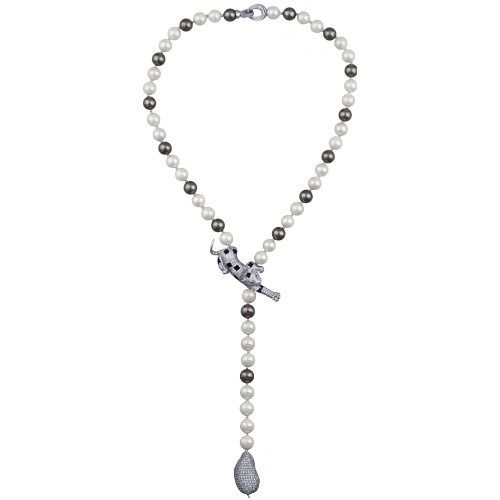 Колье (Майорка белая, темно-серая 10мм, фианит; покрытие родий) 55см