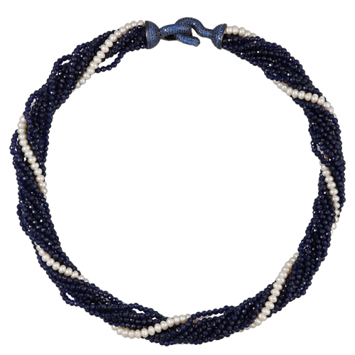 Колье (жемчуг, шпинель, фианит синий; покрытие черный родий) 50см