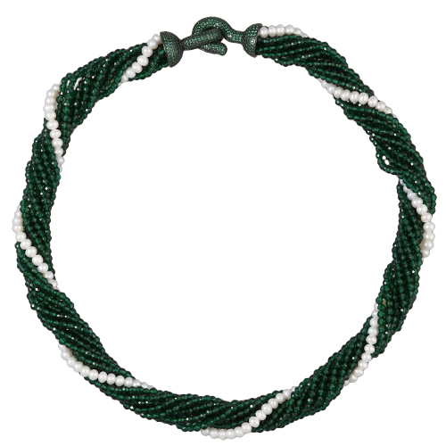 Колье (жемчуг, шпинель, фианит зеленый; покрытие черный родий) 50см