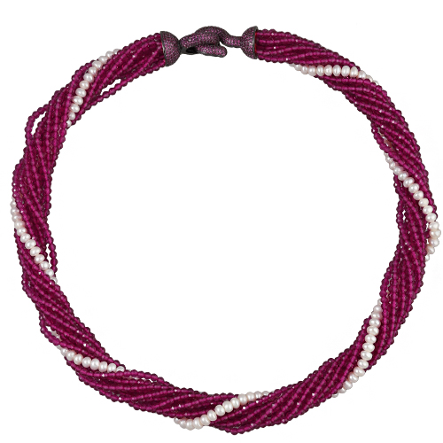 Колье (жемчуг, шпинель рубин, фианит фуксия; покрытие черный родий) 50см