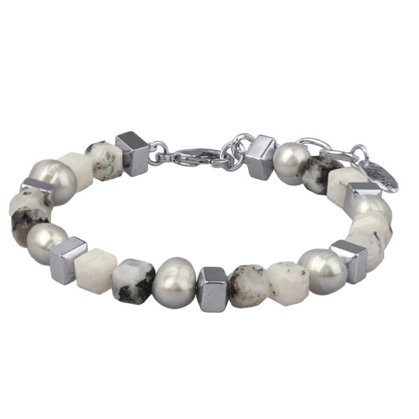 Браслет Селена (лунный камень, жемчуг; покрытие родий) 17-20см