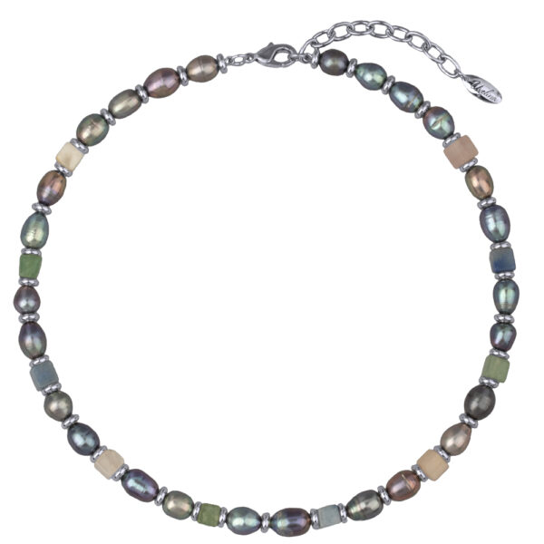 Колье (жемчуг бензиновый 6мм, кварц; покрытие родий) 42-48см