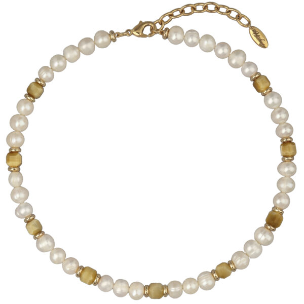 Колье Селена (жемчуг белый 8мм, улексит; покрытие золото) 40-45см