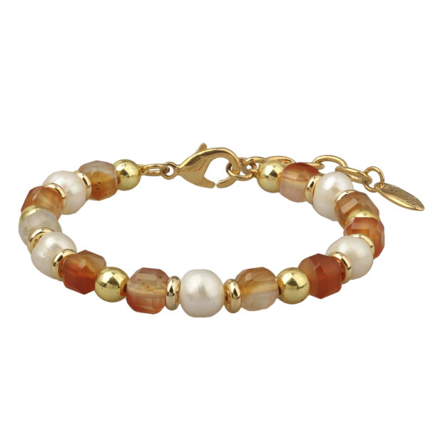 Браслет жемчуг белый 8мм, сердолик; покрытие золото) 17-21см