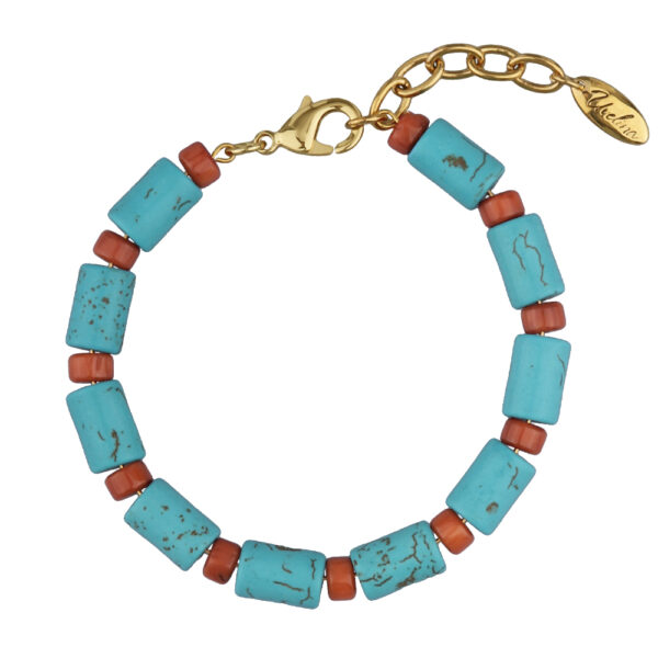Браслет Селена (бирюза 10мм, коралл 3мм; покрытие золото) 18-21см