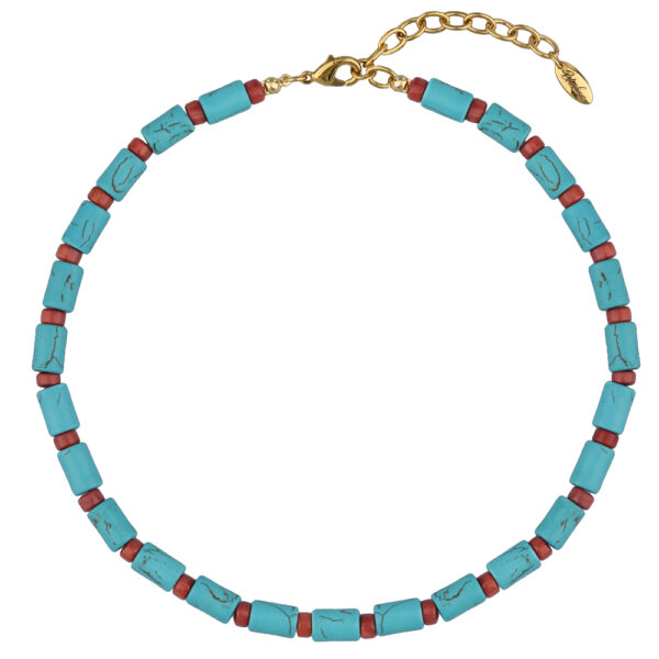 Колье Селена (бирюза 10мм, корал 3мм; покрытие золото) 42-46см