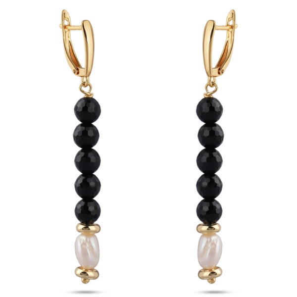 Серьги (жемчуг белый, агат черный 6мм; покрытие золото)