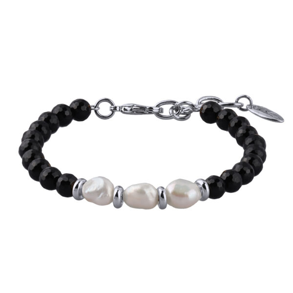 Браслет Селена (жемчуг белый, агат черный 6мм; покрытие родий) 17-22см