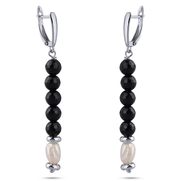 Серьги Селена (жемчуг белый, агат черный 6мм; покрытие родий)