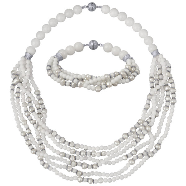 Комплект Селена (агат белый, жемчуг; покрытие родий)