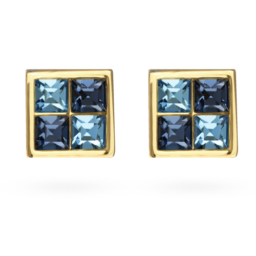 Пусеты Квадро (кристаллы SW джинс, аквамарин; покрытие золото)