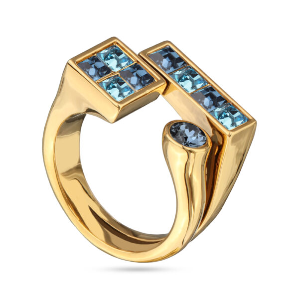 Кольцо Квадро (кристаллы SW джинс, аквамарин; покрытие золото)