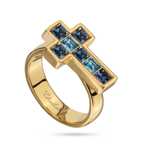 Кольцо Квадро (кристаллы SW джинс, аквамарин; покрытие золото)