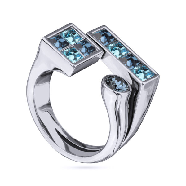 Кольцо Квадро (кристаллы SW джинс, аквамарин; покрытие родий)